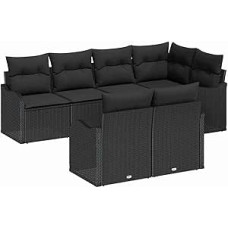 7-teiliges Garten-Sofa-Set mit Kissen Schwarz Poly-Rattan, 2-Sitzer Garten-Sofa mit Kissen Schwarz Poly-Rattan Gartenlounge Modelis3345743