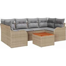 7-teilige Garten Sofa Set mit Kissen Beige Poly Rattan Akazie, 2-Sitzer Garten Sofa mit Stauraum & Kissen Beige Poly Rattan Gartenlounge Model3356075