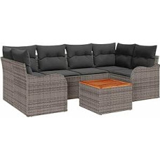 7-teiliges Garten Sofa Set mit Kissen Grau Poly Rattan Akazie, 2-Sitzer Garten Sofa mit Kissen Grau Poly Rattan Gartenlounge Modelis3347405