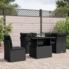 Komplektas Schlafsofa, 6-teiliges Gartensofa-Set mit schwarzen Kissen aus Polyrattan, Set für Schlafsofa, Wohnzimmer, Gartensofa, modernes Sofaset für den Außenbereich, Möbel