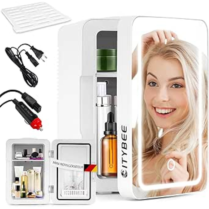 6 l mini šaldytuvas - mažas 12 V 230 V šaldytuvas veikia tyliai su veidrodžiu ir LED apšvietimu - odos priežiūros šaldytuvas kosmetikai Grožio priežiūros kosmetikos šaldytuvas, idealiai tinkantis automobiliui (baltas)