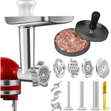 Meat Grinder Attachment for Kitchenaid Stand Mixer, Stainless Steel Food Grinder Attachment for Kitchen Aid Accessories, with 3 Sausage Stuffing Horns, 3 Grinding Blades, 4 Grinding Disc and Burger