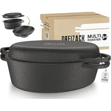 OSTOVE Cast Iron Casserole Dish with Grill Lid, Multifunctional Cast Iron Pot, Cast Iron Pan, Roasting Tray, 8.3 L, Suitable for All Heat Sources Including Induction, Burned with Non-Stick Patina