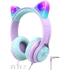iClever Children's Headphones, Over-Ear Headphones with 94 dB Volume Limiter, LED Light, Foldable HD Stereo Headphones, Wireless and Cable, Built-in Microphone for Mobile Phone, Tablet, PC, TV