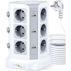 KOOSLA 12-Way Socket Tower with Surge Protection (4000 W/16 A), Individually Switchable Power Strip with 6 USB for Office, Kitchen, Table, 5 m, White