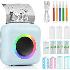 GuKKK Mini Printer, Mobile Photo Printer, Portable Mini Photo Printer, Wireless Thermal Printer with 11 Rolls of Printer Paper and 5 Colouring Pencils, Smartphone Bluetooth Printer, for List, Journal