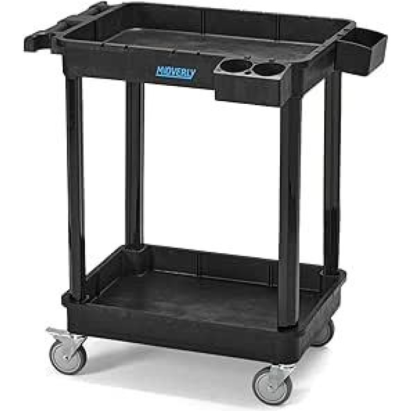 Didelio apkrovimo vežimėlis su 2 lentynomis, 71 x 48 cm, 100 kg apkrovos talpa, iš labai atsparaus plastiko, su užrakinamais pasukamaisiais ratukais - universalus tarnybinis vežimėlis namams, biurui ir pramonei