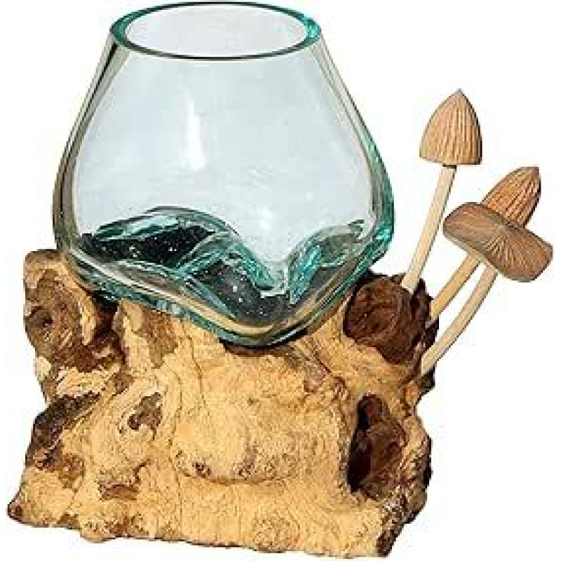 Dizainerio stiklo vaza su grybais ant Burl Wood - gėlių vaza arba dekoratyvinis stiklas kaip dovanų idėja gimtadienio Kalėdoms