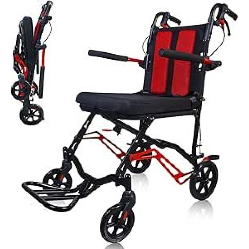 8,6 kg lengvas sulankstomas transportavimo vežimėlis suaugusiesiems - nešiojamasis galinis atlenkiamas porankis, 20 cm galiniai ratai, aliuminio rėmas, idealiai tinka senjorams ir kelionėms