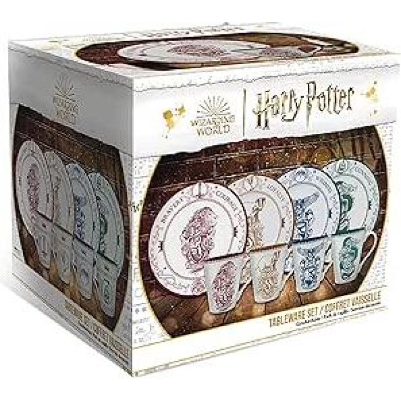 ABYSTYLE Hario Poterio Hogvartso namų porcelianinių lėkščių ir puodelių rinkinys - stalo indų rinkinys - 3 vnt. - Gryffindor Red, Hufflepuff Yellow, Ravenclaw Blue, Slytherin Green