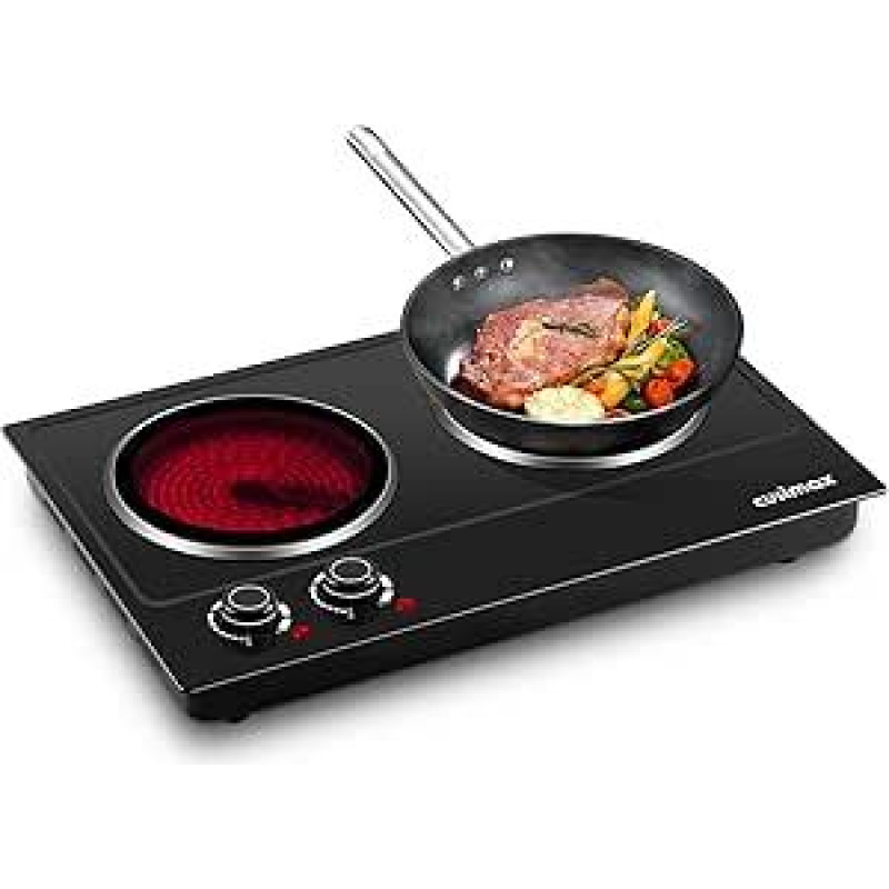 CUSIMAX infraraudonųjų spindulių kaitvietės, 2 vnt., elektrinės, stiklo keraminės kaitlentės, 2 kaitvietės su termostatu, apsaugančiu nuo perkaitimo, dviguba kaitvietė, idealiai tinka maisto gaminimui, stovyklavimui, nerūdijantis plienas, juodos spalvos