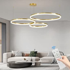 Mikeru LED Pendant Light, Gold Living Room Lamp, Diameter 40 + 60 + 80 cm, Adjustable Round Pendant Lamp, 85 W, 3-Ring Circular LED Pendant Lamp with Memory Function, 10%-100% Dimmable Chandelier Kitchen Island