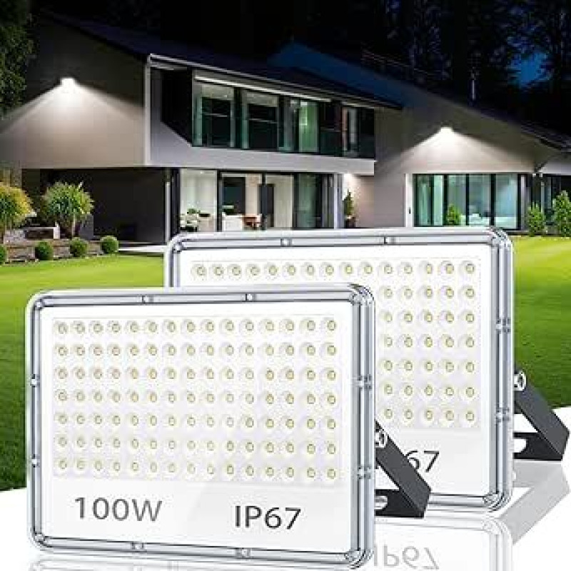 LED lauko prožektorius, 100 W, 2 vnt., IP67 vandeniui atsparus prožektorius, 10000 lm, 6500 K, vėsios baltos spalvos, itin ryškus LED prožektorius, lauko prožektorius sandėliui, sodui, garažui, kiemui, automobilių stovėjimo aikštelei