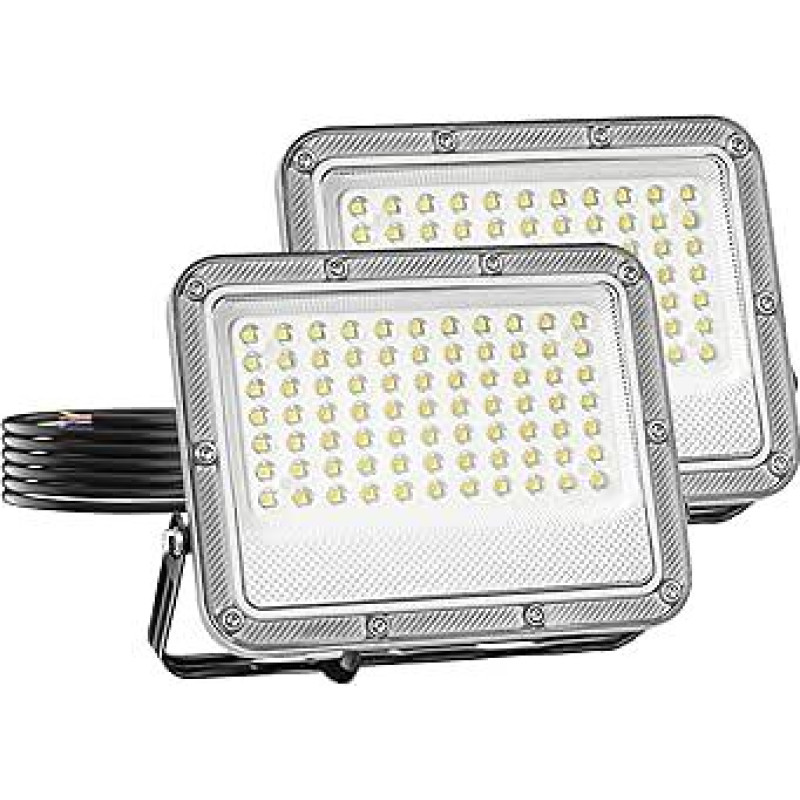 LED prožektorius lauko optinis objektyvas 50 W šaltos šviesos 6500 K 5500 liumenų LED žibintas 230 V IP66 vandeniui atsparus lauko prožektorius, skirtas šviesiam sodo garažui, sportui, laukui, kiemui, prožektoriui, pakuotė iš 2 vnt.