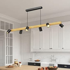 LVWIT Pendant Light Dining Table 6 Bulbs Hanging Black, Industrial Ceiling Pendant Light Wood GU10, Dining Room Lamp Black, Metal Hanging Kitchen Lamp, Living Room Lamp Ceiling, Hallway Lamp