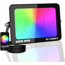 PICAA LED lauko prožektorius, 200 W išmanusis RGB LED prožektorius, 20000 lm, IP66, belaidis programėlės valdymas, muzikos sinchronizavimas, laikmatis, scenos režimai, 16 milijonų spalvų, laikmatis, skirtas sodo vakarėliams ir diskotekoms, su ES kištuku (