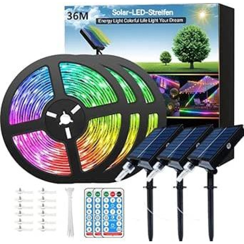 Iš viso 36 m (3 x 12 m) - 3 pakuotės saulės juostelės vandeniui atsparios įvairiaspalvės reguliuojamos sodo šviesos su nuotolinio valdymo pulteliu ir 8 režimais pjaunama LED juosta balkonui