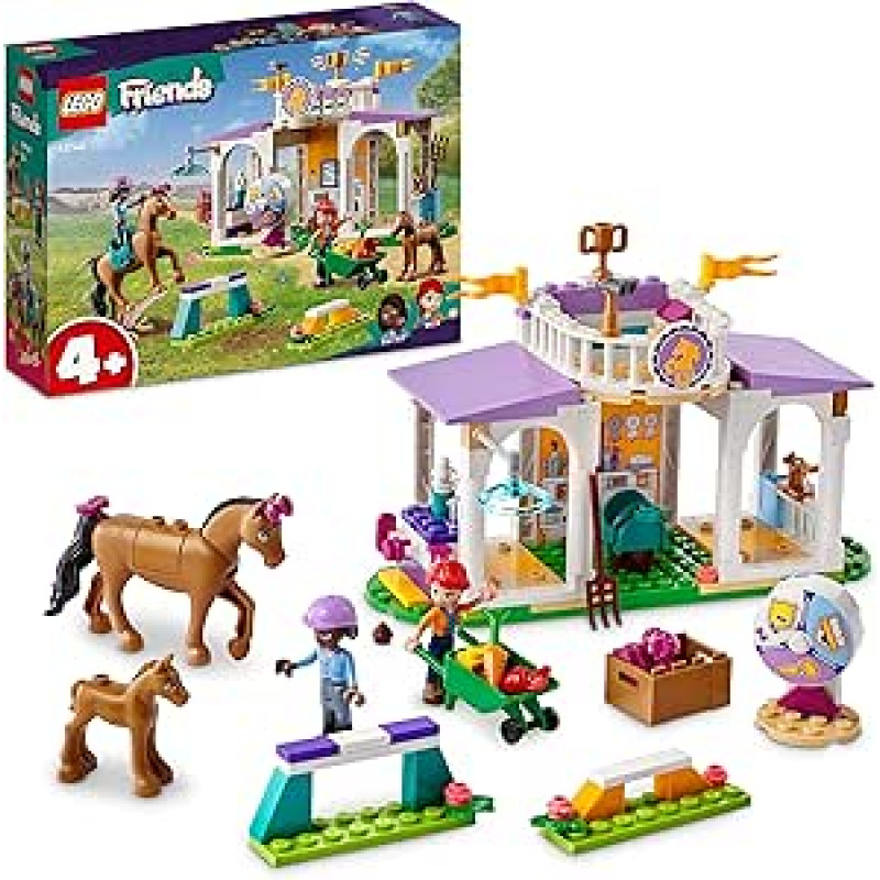 LEGO 41746 Friends jojimo mokyklos rinkinys su 2 žaisliniais žirgais, mini lėlėmis Alija ir Mia, jojimo arklidės ir žirgų žaislas, gyvūnų priežiūros dovana vaikams, mergaitėms ir berniukams nuo 4 metų