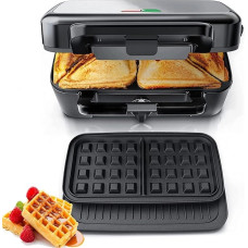 1200 W Sandwich Maker, 3-in-1, 5-Speed Temperature Control, Waffle Iron, Sandwich Toaster, Contact Grill with Non-Stick Coating for Easy Cleaning without Burning, LED Lights, Stainless Steel/Black