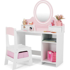 JOYLDIAS 2-in-1 vaikiškas tualetinis staliukas su taburete ir LED veidrodžiu, princesės tualetinis staliukas su stalčiumi, lentyna ir krepšiais, vaikiškas tualetinis staliukas mergaitėms nuo 3 metų, rožinis