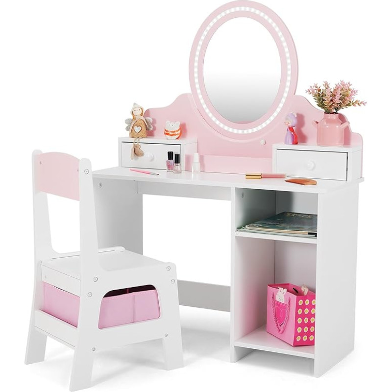 JOYLDIAS 2-in-1 vaikiškas tualetinis staliukas su taburete ir LED veidrodžiu, princesės tualetinis staliukas su stalčiumi, lentyna ir krepšiais, vaikiškas tualetinis staliukas mergaitėms nuo 3 metų, rožinis