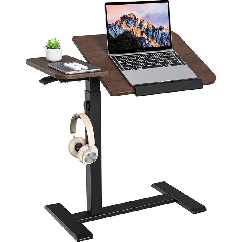 ETHU nešiojamojo kompiuterio stalas, reguliuojamo aukščio, daugiafunkcinis šoninis stalas su pakreipiamu stalviršiu ir įleistais ratukais, mobilus lovos stalas, ergonomiškas stalas biurui ir namams (graikinis riešutas)
