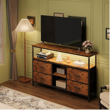 MUTUN TV spintelė su LED apšvietimu, televizoriaus staliukas su 4 medžiaginiais stalčiais, V formos lenta ir TV staliukas, universali TV spintelė svetainei ir miegamajam, stilingi TV baldai, ruda spalva