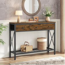 FAVOOSTY Konsoliniai stalai, sofos stalas su 3 stalčiais ir 1 aukšto lentynomis, prieškambario stalas, medinis, 101,00 x 29,50 x 76,50 cm, skirtas prieškambariui, svetainei, miegamajam