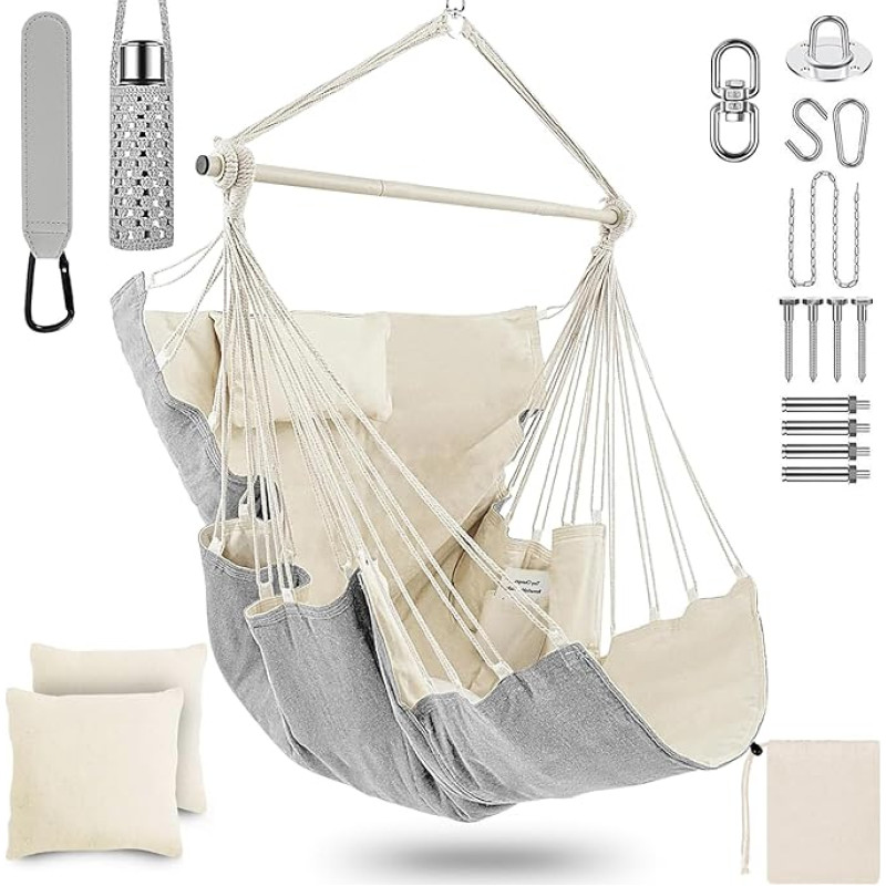 Kabantis supamasis krėslas su 3 pagalvėlėmis ir krepšeliu, padidinto dydžio kabantis krėslas vaikams ir suaugusiems, ne daugiau kaip 330 svarų, hamakai vidaus ir lauko supamasis krėslas svetainei, miegamajam, sodui, kiemui