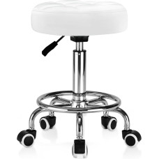 Rolling Stool PU Leather Round Padded Work Stool Height Adjustable Wheels with Footrest 360° Rotation Swivel Stool Load Capacity 150 kg for Spa Drawing Salon Work Office Tattoo Stool (White)
