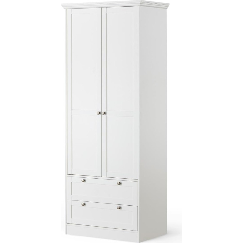 KHG spinta su varstomomis durimis, balta, 2 durys, 2 stalčiai, 1 reguliuojamo aukščio lentyna, 1 drabužių lentynėlė, pagrindo rėmas, medžio medžiaga, kaimo namų stilius