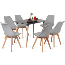 EGGREE stačiakampio formos valgomojo komplektas 6 kėdės Virtuvės stalas Medinis stalas | Juodas stalas + 6 pilkos spalvos kėdės