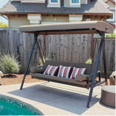 PURPLE LEAF 3-Seater Hollywood Swing with Reclining Function, Garden Swing with Reclining Function, Swing with Bed Function, Beige