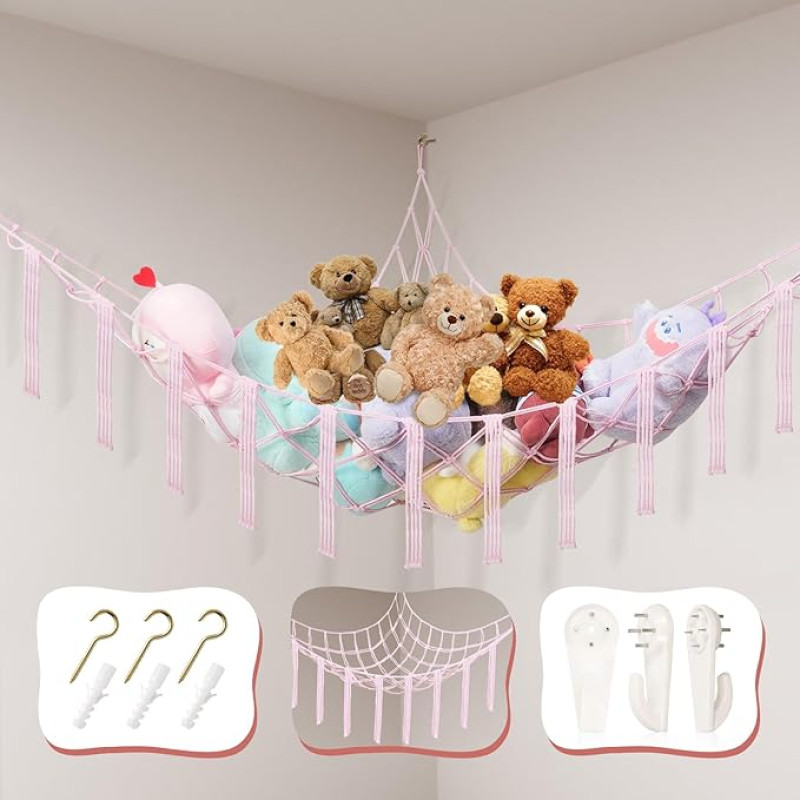 Powkoo Teddy Hammock Toy Storage Net for Stuffed Animals Teddy Bear Storage Hammock Soft Plush Cuddly Toy Storage Corner Hanging Wall Storage Organizer for Nursery