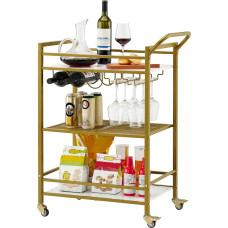 Tajsoon 3stöckiger Barwagen, Mobiler Bar-Servierwagen, Industriestil Weinwagen für Küche, Getränkewagen mit Weinregal und Glashalter, Rollender Getränkewagen für Wohnzimmer, Gold & Weiß