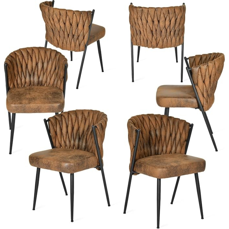MEUBLE COSY Valgomojo kambario kėdžių rinkinys iš 6 dalių su pintu atlošu Virtuvės kėdė Minkšta kėdė Biuro kėdė, pagaminta iš zomšinės odos Metalinės kojos Smėlio spalvos