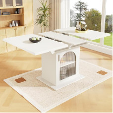 DRIXNO teleskopinis valgomojo stalas (110-140 x 80 cm), ištraukiamas valgomojo stalas su lentyna, erdvę taupantis virtuvės stalas, laikymo lygiai, skirtas virtuvei ir svetainei, baltas