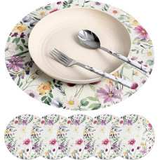 Veemoon 6 Stück Runde Leinen Platzsets mit Blumenmuster Strapazierfähige Tischsets Abwaschbare Untersetzer für Küche Esstisch Dekorative Tischwäsche für Alltag und Feier