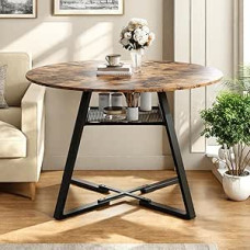 Round Dining Table for 4 People, Dining Table Round 120 cm with 1 Open Shelf, Wooden Living Room Table, Retro Industrial Dining Room Tables with Metal Legs, Round Kitchen Table for Dining Room (Wood