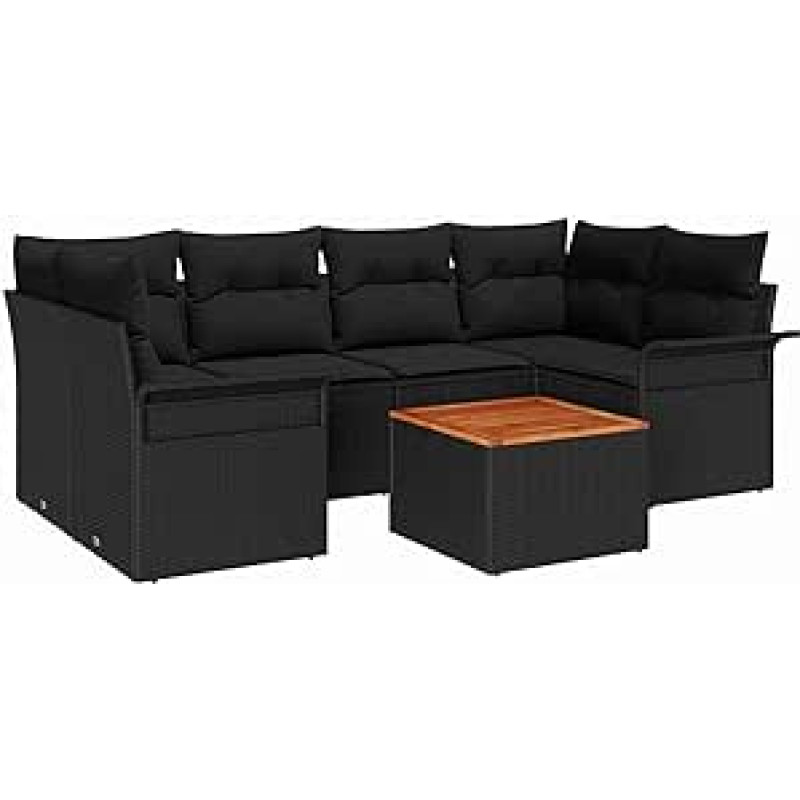 7-teiliges Garten-Sofa-Set mit Kissen Schwarz Poly Rattan Akazie Gartenlounge Modelis3347282