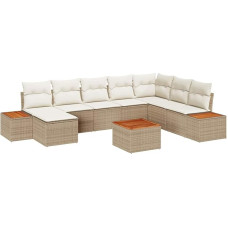 9-teiliges Garten-Sofa-Set mit Kissen Beige Poly-Rattan Akazie Gartenlounge Model3356821