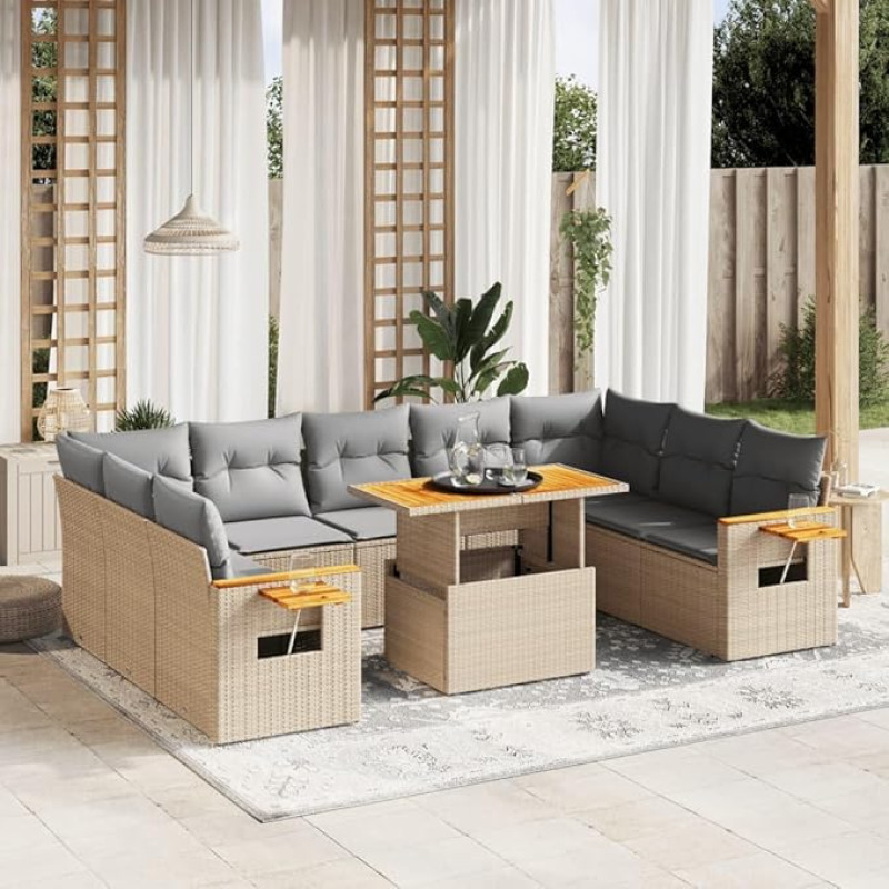 Komplektas Schlafsofa, 11-teiliges Gartenmöbel-Set mit beigefarbenen Kissen aus Polyrattan, Sofa für Wohnzimmer, Gartensofa, modernes Sofaset für den Außenbereich, Möbel Modell 3273691