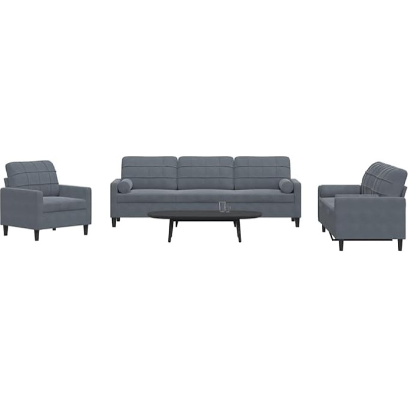 Tidyard 3-TLG. Sofagarnitur mit Kissen und Nackenrollen Dunkelgrau Samt, Polstersofa Loungesofa für Wohnzimmer Eingangsbereich Büro3278452