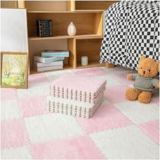 10 Stück Plüsch-Schaumstoff-Fußmatten zum Zusammenstecken, DIY-Schaumstoffmattenfliesen, 30 x 30 x 1 cm, Flauschige Teppichfliesen, Weiß-Rosa
