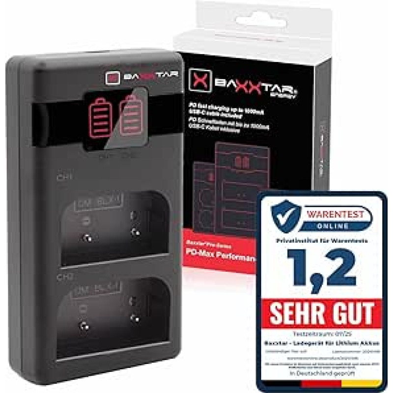 Baxxtar BLX-1 PD-MaxPerformance akumuliatoriaus įkroviklis (1500 mA) USB-C mini su dvigubu LCD ekranu - PD/QC, suderinamas su 