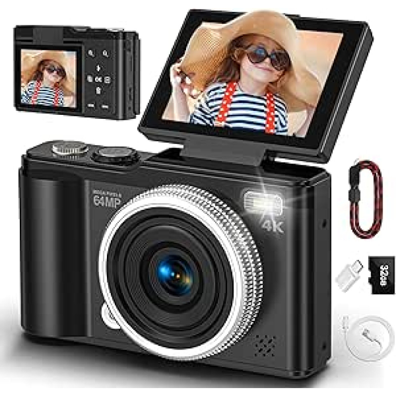 Skaitmeninis fotoaparatas, 4K 64 MP kompaktiškas skaitmeninis fotoaparatas su automatinio fokusavimo ir makro funkcija, 180° atlenkiamas ekranas, nešiojamasis asmenukių fotoaparatas fotografijai ir vaizdo įrašams su 32 GB SD kortele pradedantiesiems, paau