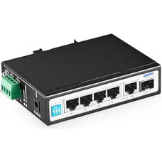 YuLinca 6 prievadų Gigabitinis pramoninis DIN-juostelės PoE komutatorius, 4 x 100/1000Mbps PoE prievadai, IEEE802.3af/at PoE+, 1 Gigabit Uplink, 1 Gigabit SFP, metalinis DIN-juostelės ir sieninis Ethernet komutatorius