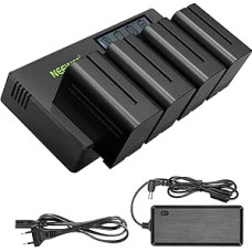 NEEWER 4er Pack 7,4V 6600mAh NP-F970 Ersatzbatterien mit 4 Kanaligem Ladegerät und Netzteil, kompatibel mit NP-F550/750/770/970 FM500H QM71D QM91D, Feldmonitor, Videoleuchte