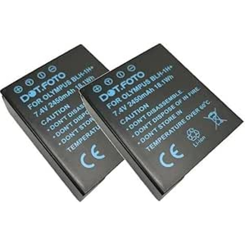 2 x Dot.Foto BLH-1 Premium didelės talpos 7,4 V / 2450 mAh visiškai dekoduota baterija, skirta Olympus OM-D E-M1 Mark II, E-M1 Mark III, E-M1X