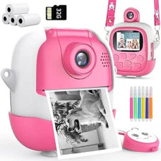 Vaikiškas fotoaparatas Momentinis fotoaparatas Skaitmeninis fotoaparatas 1080P su 180° pasukamu objektyvu, 4 rulonai spausdinimo popieriaus ir 32G kortelė, fotoaparatas Momentinės nuotraukos Fotoaparatas su 6 spalvotais rašikliais, fotoaparato dovana vaik